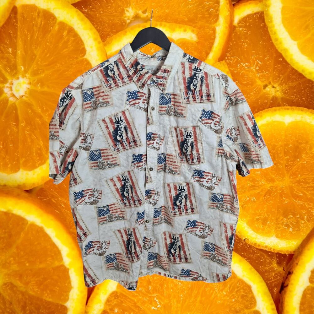 American Legacy Men's‎ Multicolor Uncle Sam Short Sleeve Button-Up Shirt Size XL